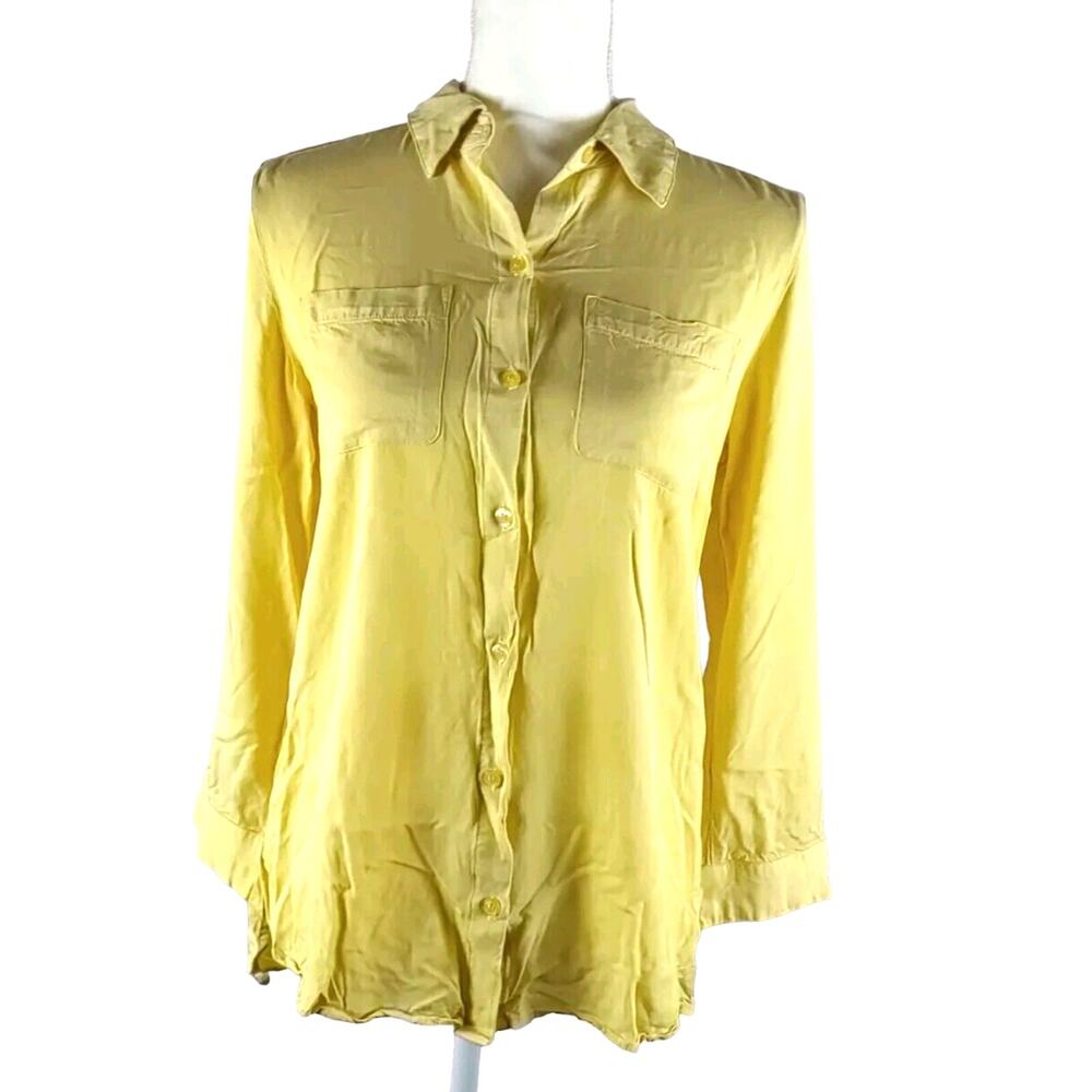 Chico's Women's Shirt Button Up Size 0 Light Yellow Long Roll Tab Sleeve Flawed